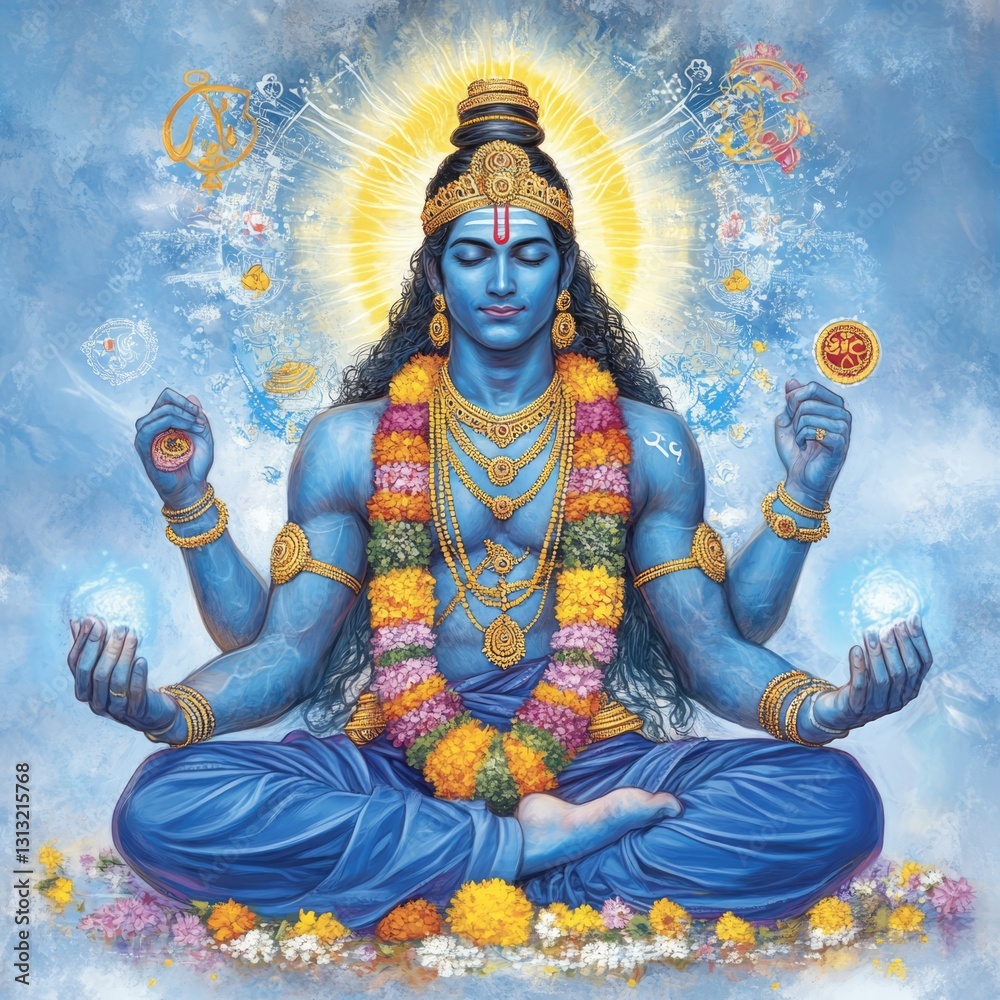 Obraz premium Lord krishna's enlightenment vibrant digital art and spiritual meditation experience