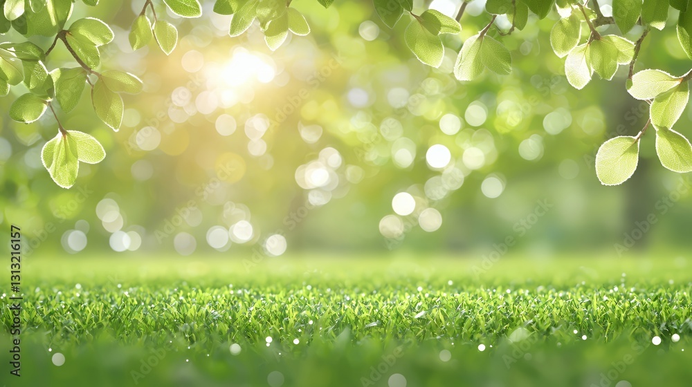 Bright Sunlight Through Green Leaves Over Lush Grass Bright Sunlight Through Green Leaves Over Lush Grass