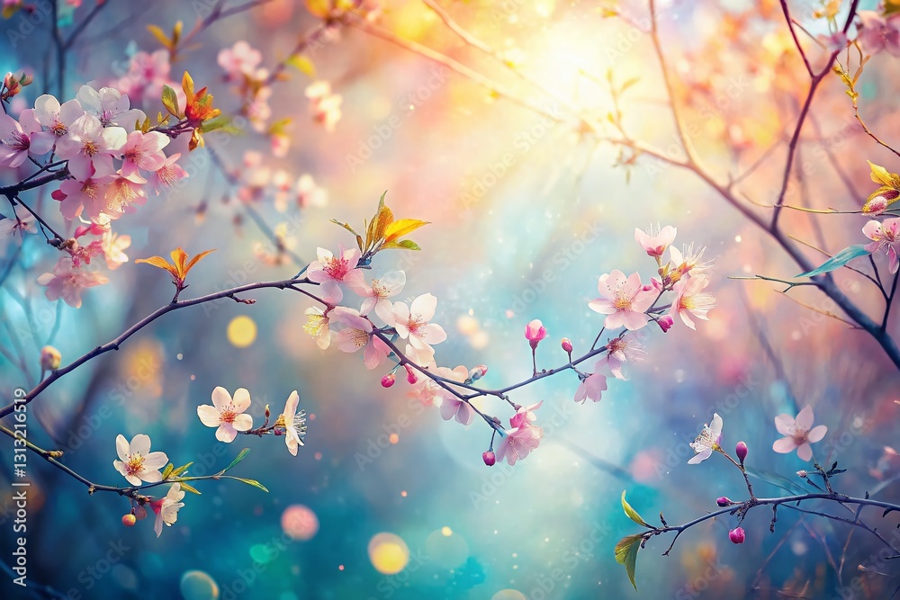 Obraz premium Delicate Spring Blossom Line Art Double Exposure: Floral Pattern Background