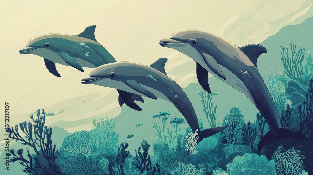 Obraz premium Three dolphins gracefully swimming near coral reefs in the ocean