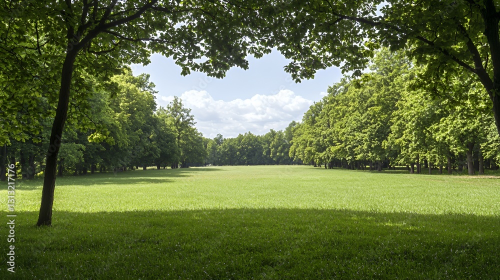 Sunlit Green Park Landscape with Lush Trees and Grassy Field Sunlit Green Park Landscape with Lush Trees and Grassy Field