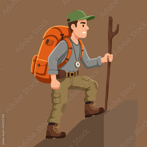 Man Hiking Up a Hill with Backpack and Walking Stick Cartoon
