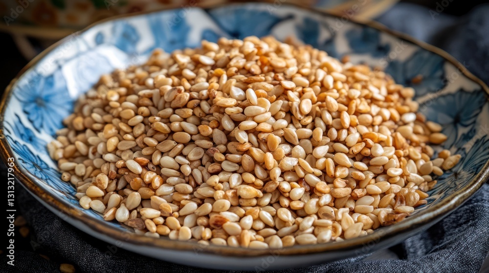 Raw sesame seeds in decorative ceramic bowl on dark background Raw sesame seeds in decorative ceramic bowl on dark background