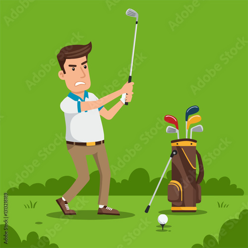 Frustrated Golfer Swinging Club During Game with Bag and Ball