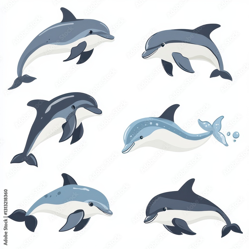 A collection of stylized illustrations depicting playful aquatic dolphins A collection of stylized illustrations depicting playful aquatic dolphins