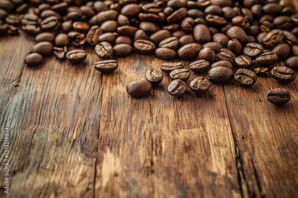A Fresh coffee beans scattered on rustic wooden table, warm brown tones A Fresh coffee beans scattered on rustic wooden table, warm brown tones