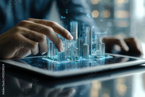 A Businessman interacting with digital hologram of city on tablet, showcasing real estate technology and project management