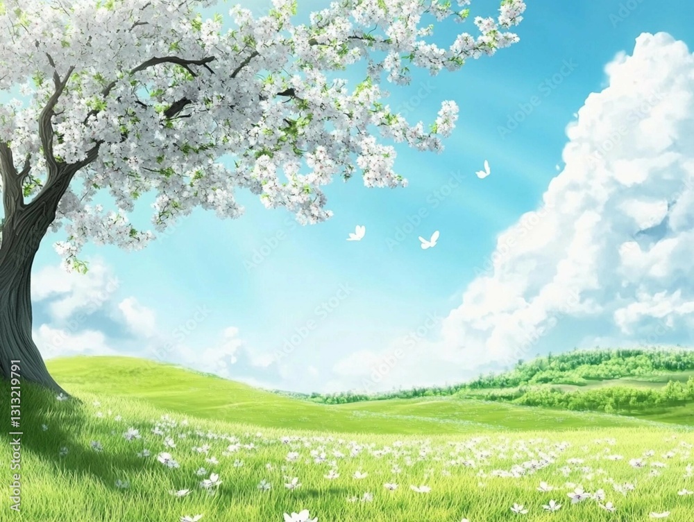 Naklejka premium Springtime Nature Background With Fresh Green Leaves And Pink Sakura Trees