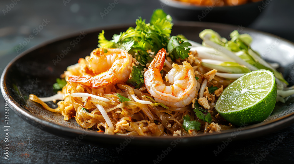 A plate of pad Thai with shrimp, noodles, and lime on the side, side view, generative AI A plate of pad Thai with shrimp, noodles, and lime on the side, side view, generative AI