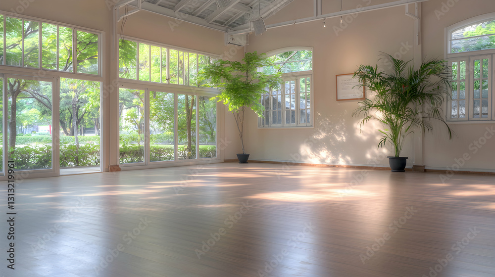A bright open room with large windows and indoor plants A bright open room with large windows and indoor plants