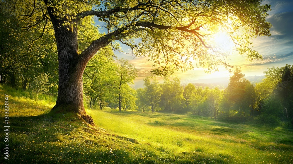 Sunlit Landscape With Lush Green Meadow And Majestic Tree Sunlit Landscape With Lush Green Meadow And Majestic Tree