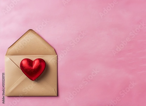 Valentine's Day concept with a love letter envelope and a red heart on a pink background, flat lay top view, minimalistic with 2/3 space for text