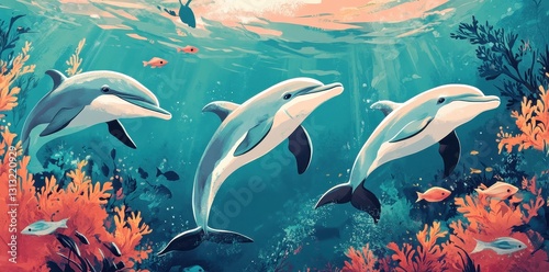 Three dolphins swimming underwater surrounded by other marine life