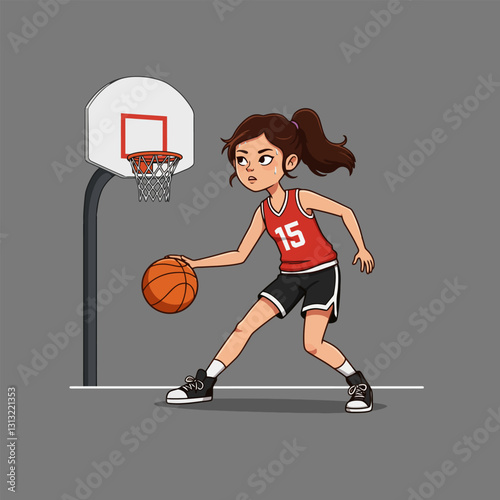 Girl Dribbling Basketball Near Hoop Practice Playing with Determination