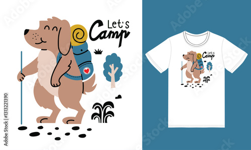 Cute dog camping illustration with tshirt design premium vector