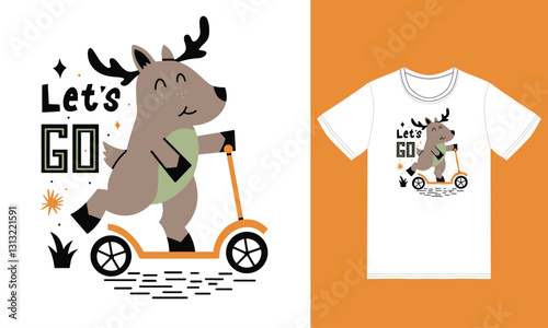 Cute deer riding kick scooter illustration with tshirt design premium vector