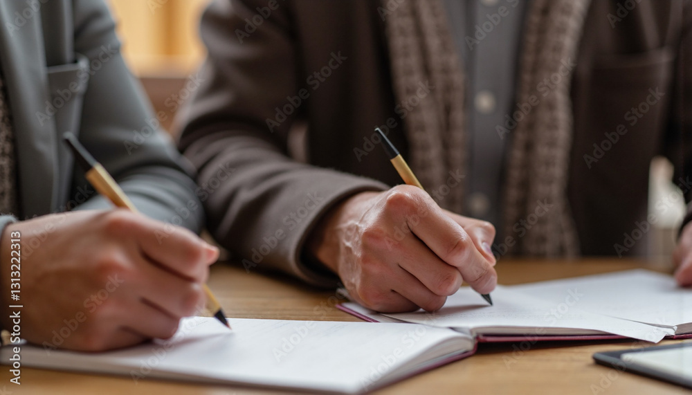 Hands writing notes at a wooden table Hands writing notes at a wooden table