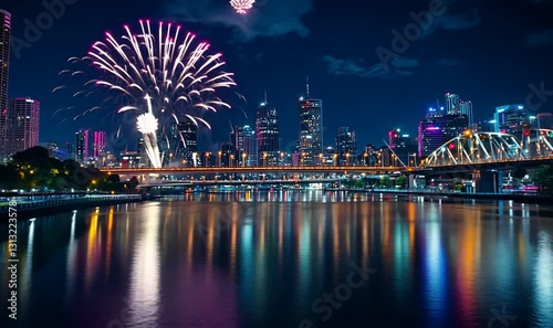 Vibrant fireworks illuminate Brisbane skyline over river at night