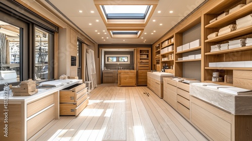Modern yacht interior showcasing a spacious kitchen with wooden cabinetry and natural light
