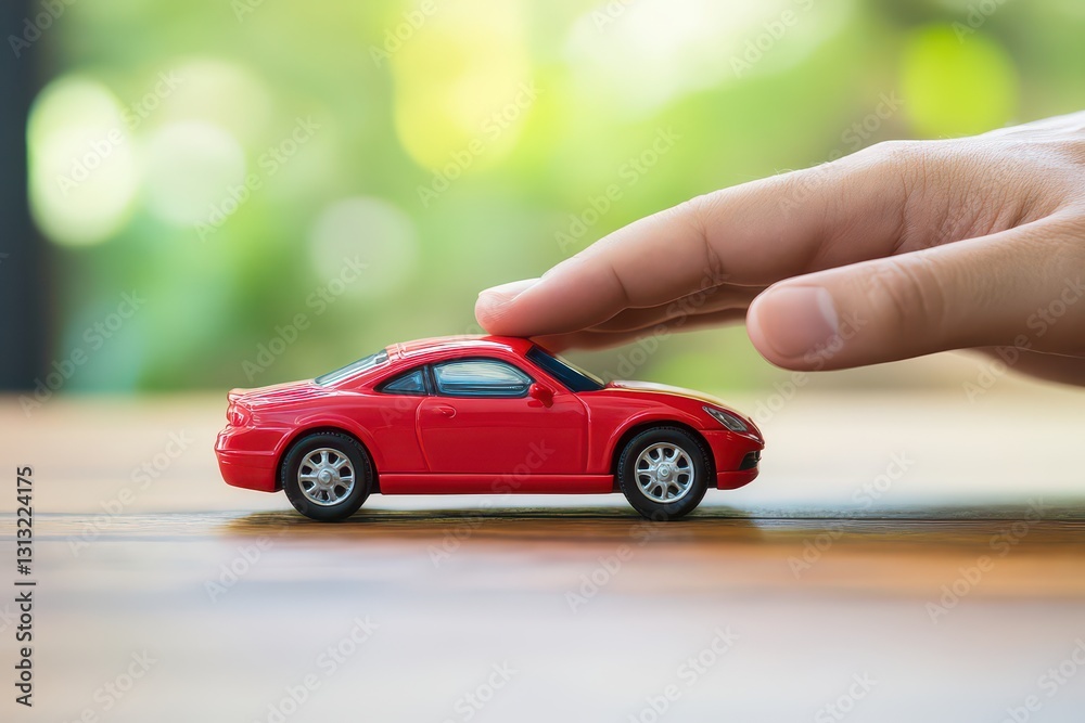 custom made wallpaper toronto digitalA hand gently touches a small red toy car on a wooden table with a blurred green background