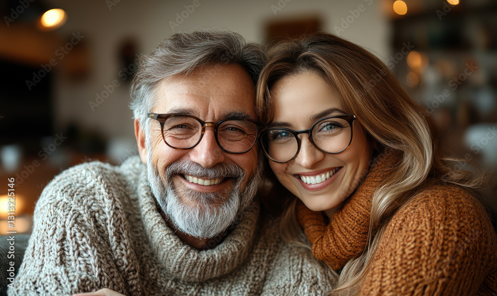 Couple Smiles Close-Up Cozy Living Room Couple Smiles Close-Up Cozy Living Room
