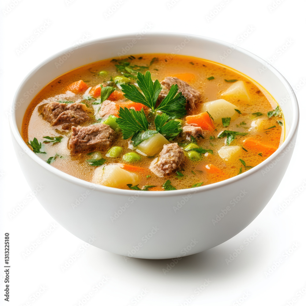 Hearty bowl of beef and vegetable soup garnished with fresh parsley Hearty bowl of beef and vegetable soup garnished with fresh parsley