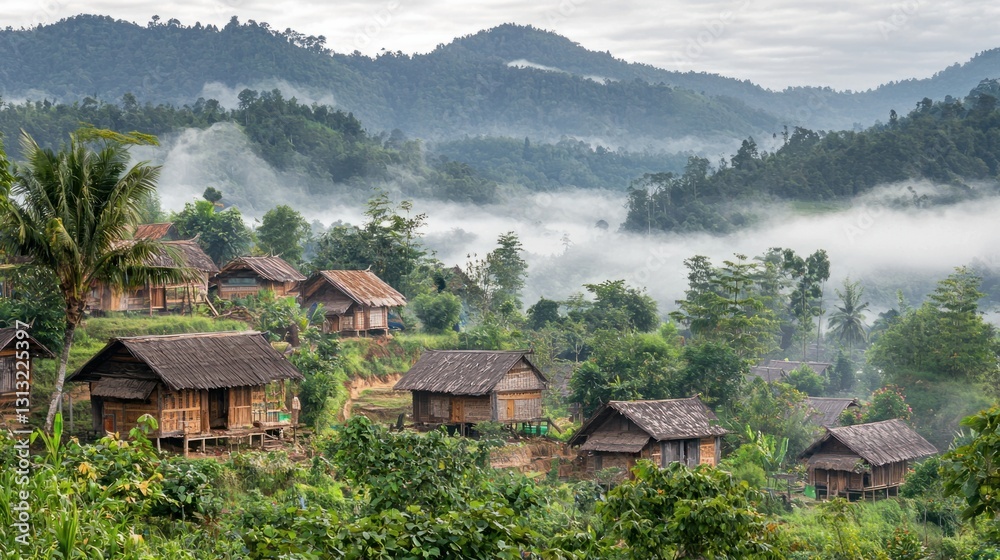 Tranquil Village Scene Amidst Lush Mountains and Misty Landscape Tranquil Village Scene Amidst Lush Mountains and Misty Landscape