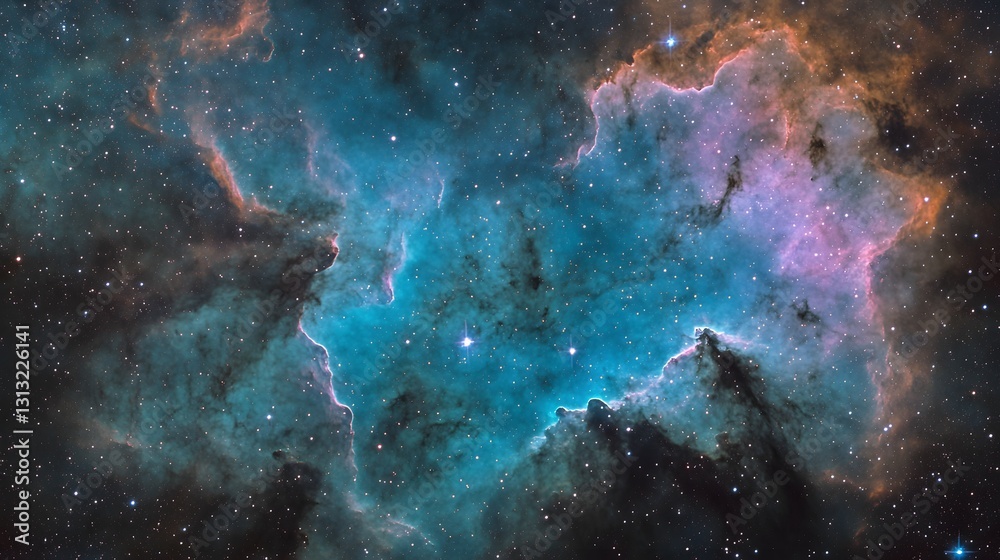 Obraz premium Stunning nebula image showcasing vibrant teal, pink, and orange hues. Countless stars twinkle within the cosmic dust clouds. A breathtaking view of deep space.