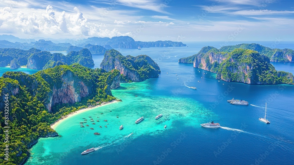 Fototapeta premium Stunning Tropical Island Landscape with Turquoise Water and Boats