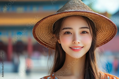 Smiling woman wearing a conical hat looking at the camera photo