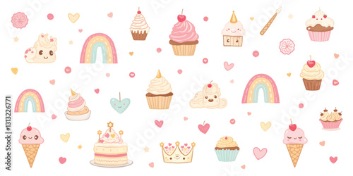 Collection of kawaii style rainbow, cupcake, cute ice cream, magic wand, princess crown, cute desserts characters. Hand drawn kawaii stickers pack or pattern for kids design, print fabric