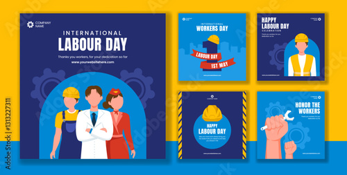 International Labour Day Social Media Post with Flat Cartoon Laborers Illustration