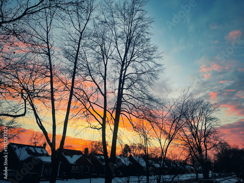 Winter sunset over houses in a Detroit neighborhood