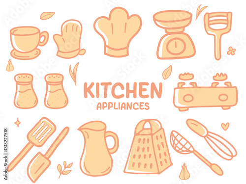 Set of icons with Kitchen Appliances theme. With doodle style. For layout, website, graphic design. 2