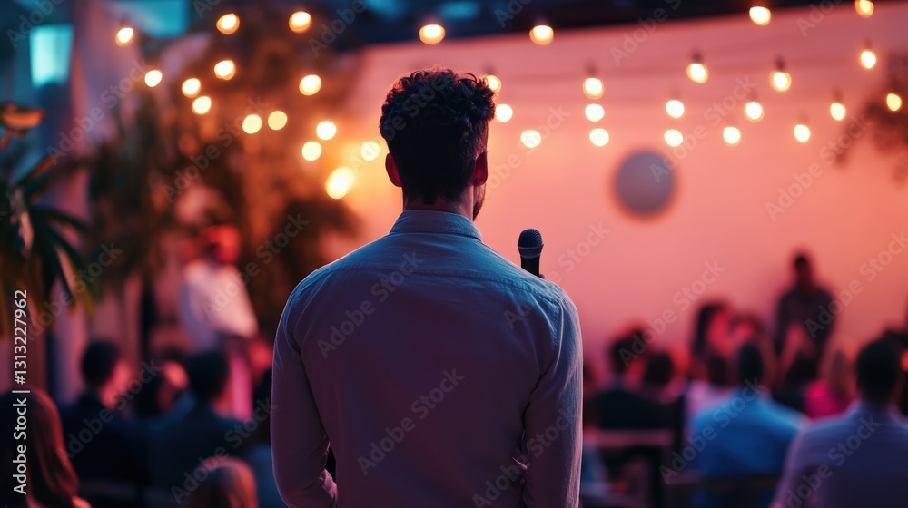 Speaker presenting to an audience in a warmly lit venue with decorative lights and plants Speaker presenting to an audience in a warmly lit venue with decorative lights and plants