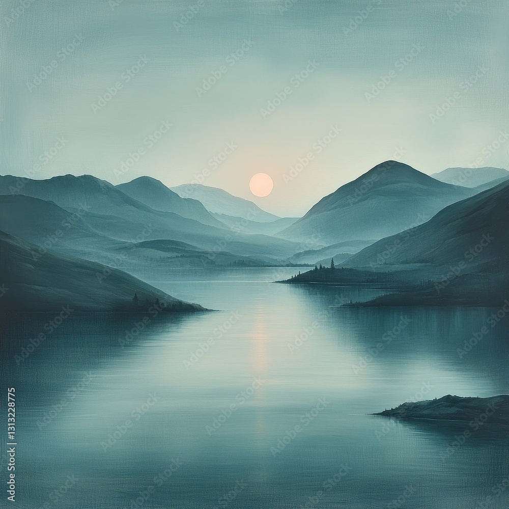 A serene painting depicting a tranquil lake reflecting vibrant hues of orange and pink from a stunning sunset, framed by majestic mountains under a soft, pastel sky. A serene painting depicting a tranquil lake reflecting vibrant hues of orange and pink from a stunning sunset, framed by majestic mountains under a soft, pastel sky.