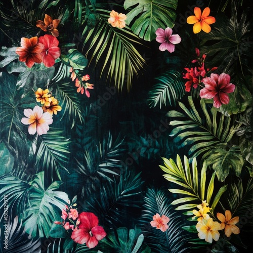 Tropical Floral Arrangement with Vibrant Flowers and Lush Green Leaves