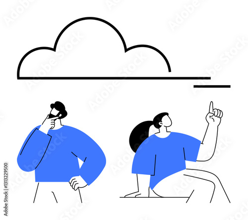 A thoughtful man and a pointing woman with a cloud above symbolize innovation, teamwork, planning, inspiration, creativity, problem-solving, and technology. Ideal for communication, collaboration