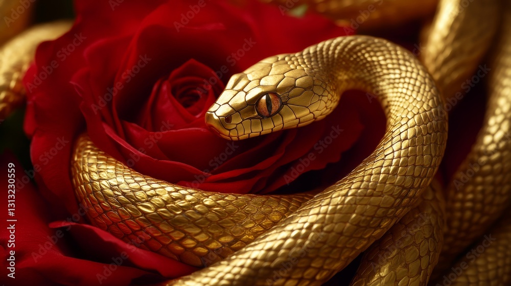 Fototapeta premium A detailed close-up of a golden snake intricately coiled on a vibrant red rose, illuminated with dramatic lighting, creating a symbol of elegance, power, and beauty.. AI Generation