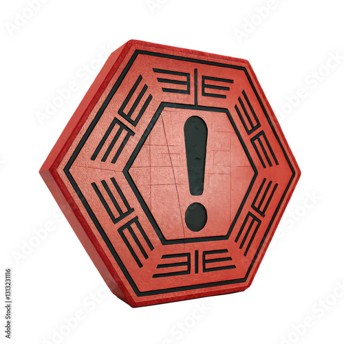 red hexagonal warning sign with black exclamation mark and decorative patterns