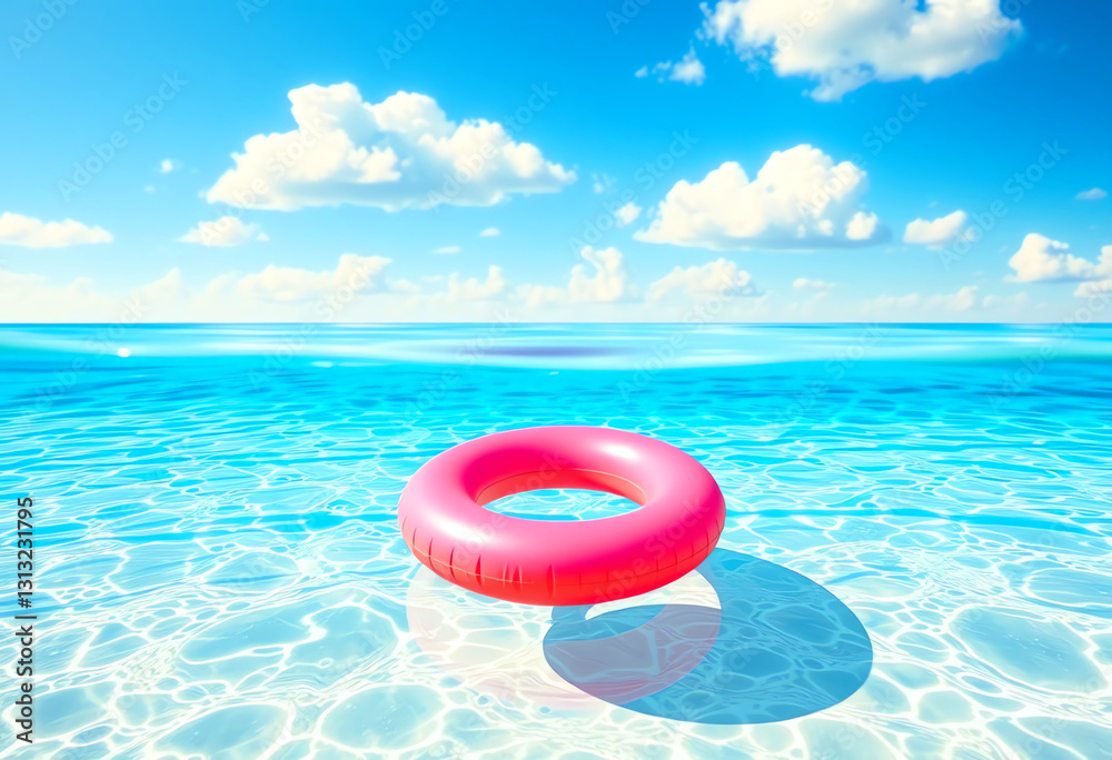 Summer Day with a Floating Pink Inflatable Ring in Crystal Clear Ocean Waters Summer Day with a Floating Pink Inflatable Ring in Crystal Clear Ocean Waters