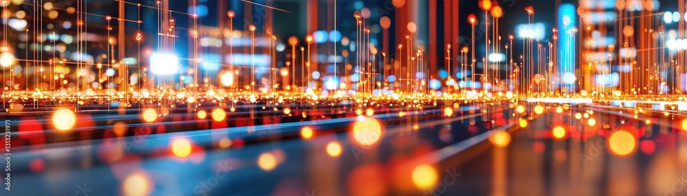 Obraz premium Abstract city lights glow, energy pulses. Futuristic tech for data, power, communication