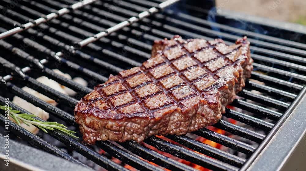 Close-up video of a perfectly grilled steak on a barbecue, showcasing a top-down angle with sizzling grill marks and a rustic style.