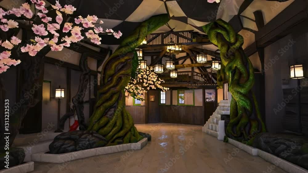 A video game scene with a whimsical, fantasy style. Low-angle view of a hall with twisted trees and pink blossoms, creating a magical atmosphere. A video game scene with a whimsical, fantasy style. Low-angle view of a hall with twisted trees and pink blossoms, creating a magical atmosphere.