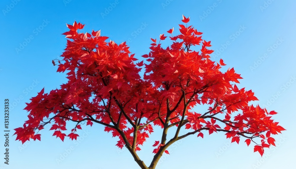 Heart-shaped tree with vibrant red leaves against a clear blue sky, tree heart, red leaves Heart-shaped tree with vibrant red leaves against a clear blue sky, tree heart, red leaves