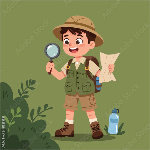 Boy Exploring with Magnifying Glass and Map in Nature Illustration