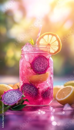 dragon fruit lemonade in an artisan glass mason jar