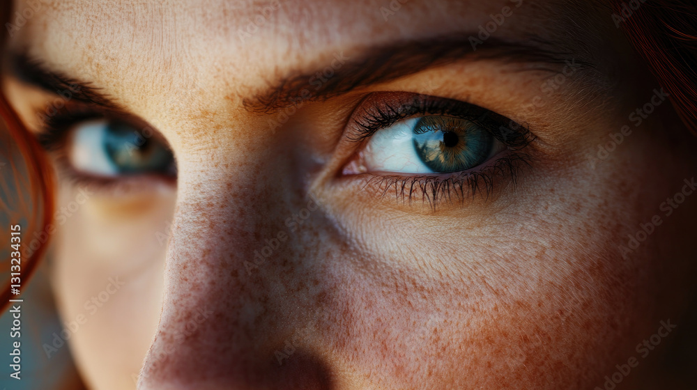Close-up of a woman's striking blue-green eyes, showcasing her freckles and intense expression Close-up of a woman's striking blue-green eyes, showcasing her freckles and intense expression
