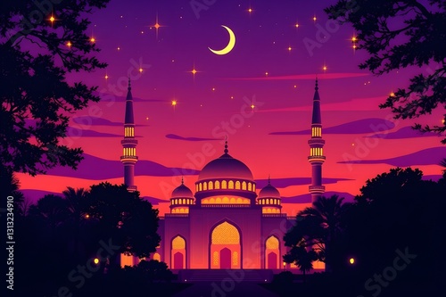 A Muslim religious shrine under a crescent moon sky.