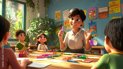 Joyful Classroom: Animated Scene of Teacher and Students